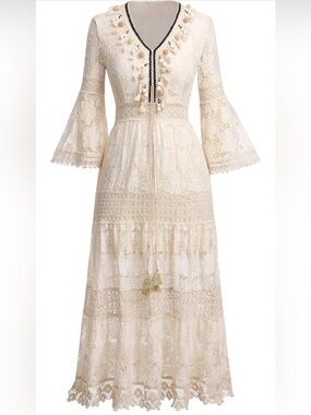 Boho Cream Lace Maxi Dress with Bell Sleeves
